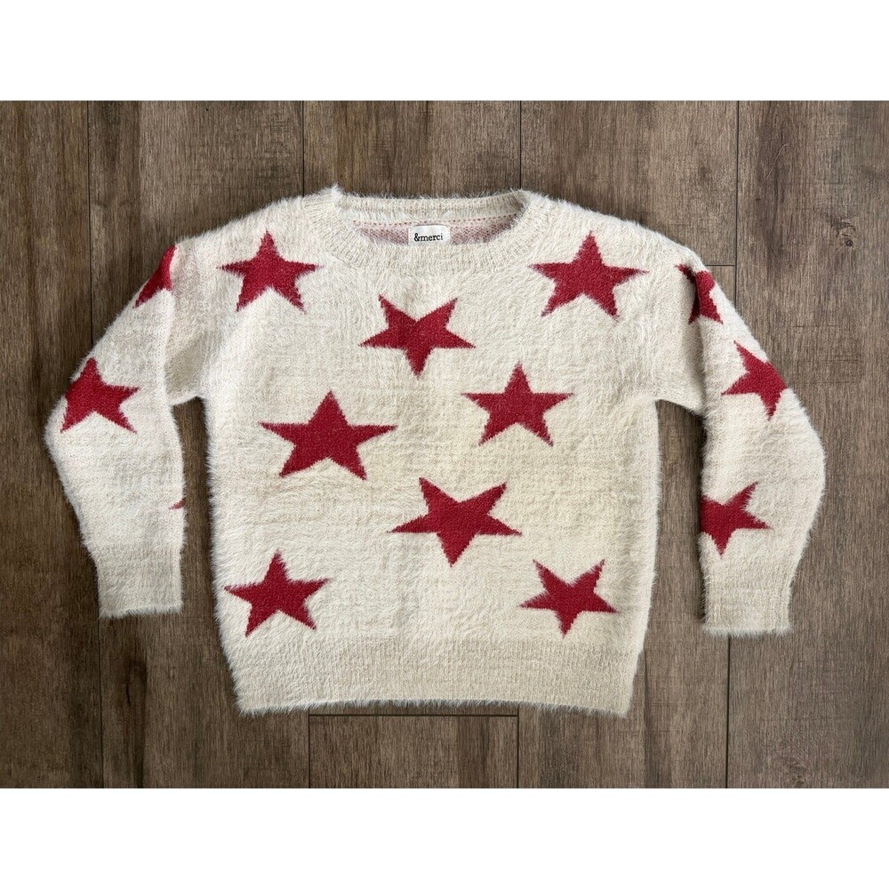 &merci White Red Star Heavyweight Fuzzy Knit Crewneck Sweater Small EUC